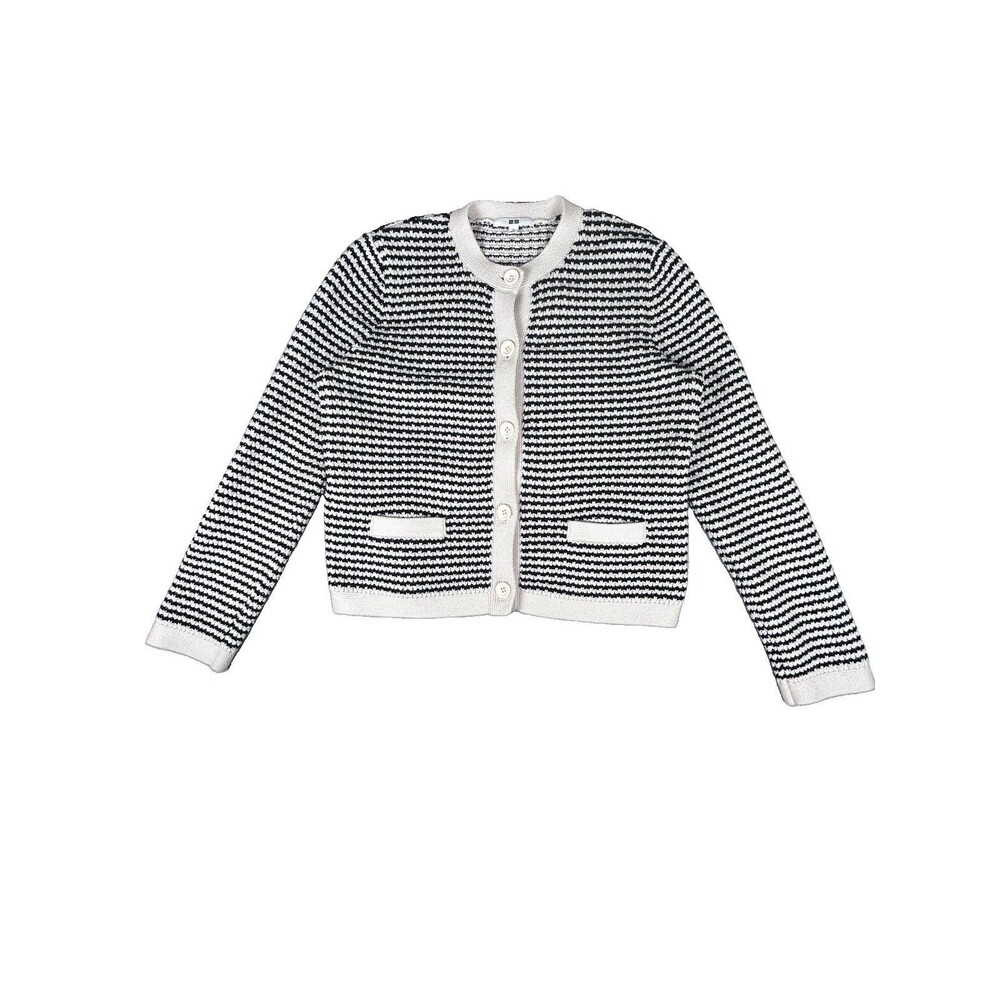 Uniqlo Cardigan Knitted Short Jacket Striped Black On Ecru Button Womens Sz M
